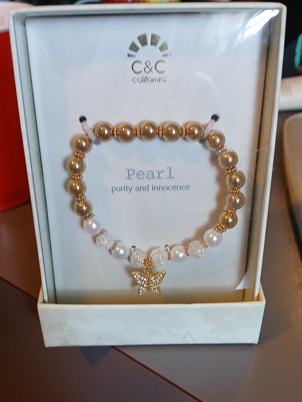 C&C California Gold Bead & White Pearl Bracelet with Butterfly Charm